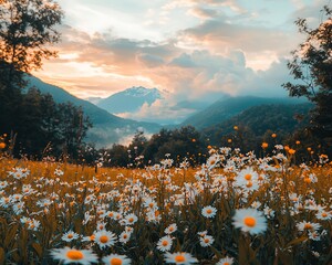 Poster - Sunset over mountain range with daisy field.