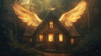 Poster - Golden Winged Cottage Nestled In A Dark Forest