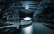© MDABDUR - Serene Night Scene with Boat and Moonlight Reflection