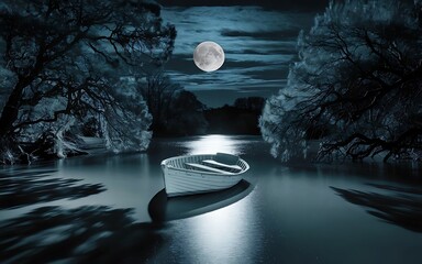 Serene Night Scene with Boat and Moonlight Reflection