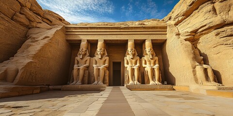 monumental stone statues guard the entrance to ancient temple at abu simbel, egypt during golden hou