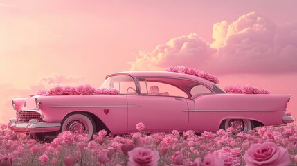 Pink vintage car with heart for Valentine’s Day greeting card design.