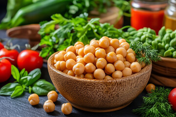 Wall Mural - Wooden bowl filled with cooked chickpeas surrounded by fresh vegetables and herbs on a dark surface.