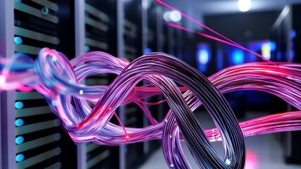 Poster - Colorful Fiber Optic Cables in Server Room with Blurred Background and Lights