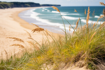 breathtaking sight of undulating dunes and verdant beach grass, harmoniously entwined near shore, encapsulates vibrant coastal flora, glistening golden sands, and awe-inspiring symbiosis between land 