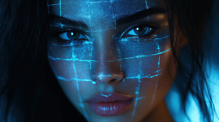 Wall Mural - futuristic portrait of young woman with digital blue grid light on face in dark ambience showcasing 