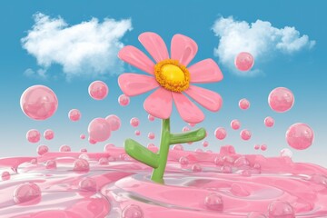 Poster - A pink cartoon flower blossoms in a sea of pink bubbles under a blue sky.