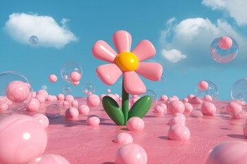 Poster - A cheerful pink flower blooms amidst pink bubbles and a pastel landscape.