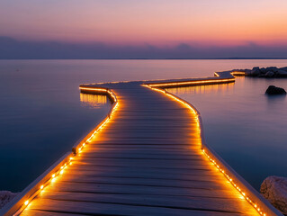 Wall Mural - wooden pier path, illuminated by a warm glow of LED lights, stretches out like a welcoming ribbon, offering a panoramic view of tranquil ocean at sunset, creating a serene and enchanting atmosphere