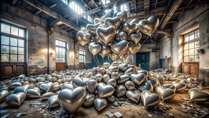 Wall Mural - Urban Exploration: 600K Heart-Shaped Silver Balloons Abandoned Building Photography