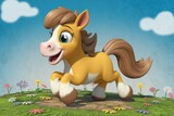A cheerful, cartoonish yellow pony joyfully gallops across a vibrant, flowery meadow under a bright, sunny sky.