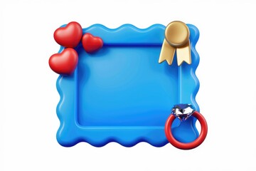 Poster - A blue frame decorated with hearts, a ring, and a gold award, symbolizing love and achievement.