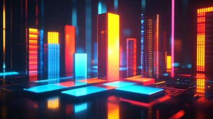 Aufkleber - An abstract D financial bar graph with stylized bars of varying heights, set against a dark background with digital effects, representing innovative financial analysis.