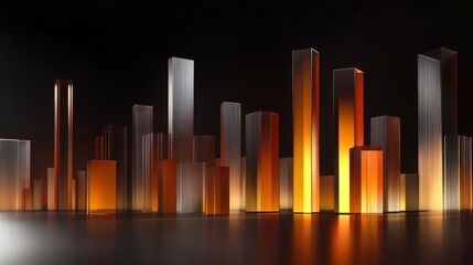Poster - An abstract D financial bar graph with stylized bars of varying heights, set against a dark background with digital effects, representing innovative financial analysis.