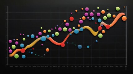 Poster - An abstract financial graph with curved lines and colorful dots, symbolizing growth and trends in business finance, positioned on a dark gradient background.