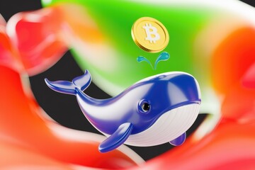 Poster - A cute blue whale playfully catches a Bitcoin, symbolizing cryptocurrency investment.
