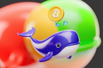 Poster - A cartoon whale catches a Bitcoin, symbolizing cryptocurrency investment and whale activity.