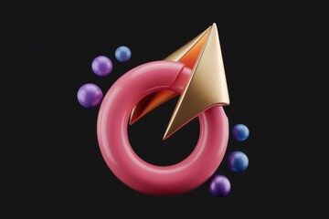 Poster - Abstract 3D rendering of a pink circular shape with a gold arrow, surrounded by small colorful spheres against a transparent background.