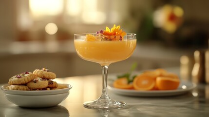 Poster - An artistic arrangement of freshly squeezed orange juice served in a crystal glass, garnished with edible flowers and accompanied by a small plate of cookies.