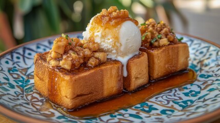 Poster - An artistic arrangement of honey toast served on a patterned plate, with a scoop of ice cream melting on top and a drizzle of honey for a delicious contrast.