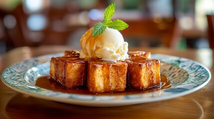 Poster - An artistic arrangement of honey toast served on a patterned plate, with a scoop of ice cream melting on top and a drizzle of honey for a delicious contrast.