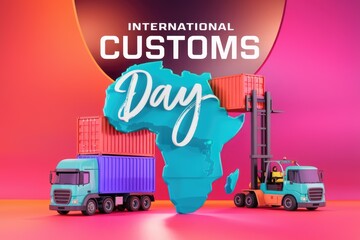 Poster - Celebrating International Customs Day: Global trade and logistics visualized with colorful containers and a map of Africa.