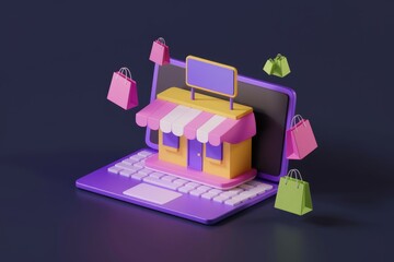 Aufkleber - Online store concept, 3D rendering of laptop with shop and shopping bags, symbolizes e-commerce and online shopping.