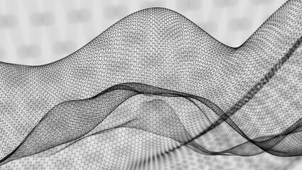 Poster - Hexagonal Mesh Pattern with Flowing Abstract Waves in Black and White