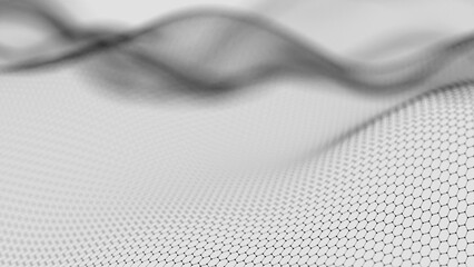 Poster - Hexagonal Mesh Pattern with Flowing Abstract Waves in Black and White