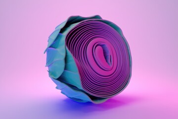 Fototapete - Abstract 3D render of a swirling, layered form resembling a stylized cabbage or rose, in vibrant teal and purple hues against a soft pink background.