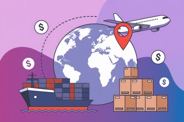 Poster - Global trade, shipping, and air freight. Cargo containers, airplanes, and a world map illustrate international commerce.