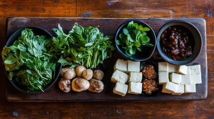 Poster - An artistic arrangement of sukiyaki ingredients, including fresh greens, mushrooms, and tofu, beautifully displayed on a wooden board with a rustic background.