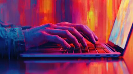 Male professional working on laptop, typing in office