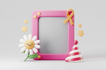 Poster - Pink frame with cute flower, stars, ribbon, and party hat; cheerful and celebratory.