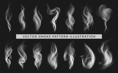 Wall Mural - Collection of realistic overlay smoke, fire steam, transparent sky cloud, winter fog or mist, cigarette or chimney fume wave, nature air, explosion pattern and weather element. Food smoke silhouette.