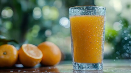 Poster - An artistic shot of a clear glass filled with vibrant orange juice, with droplets of condensation on the outside, set on a wooden table with fresh oranges nearby.