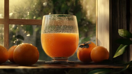 Poster - An artistic shot of a clear glass filled with vibrant orange juice, with droplets of condensation on the outside, set on a wooden table with fresh oranges nearby.
