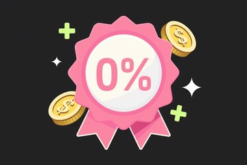 Poster - Pink badge with 0% interest, surrounded by gold coins, indicating a zero-interest offer.
