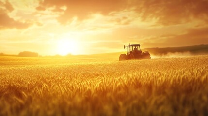 Wall Mural - Tractor working in golden wheat field at sunset.