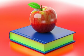 Poster - A red apple rests on a vibrant blue book, symbolizing education and knowledge.