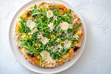 Freshly baked pizza topped with vibrant greens and edible flower