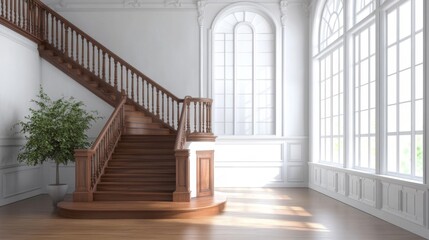 Aufkleber - An elegant staircase in a minimalist home, showcasing wooden steps and a simple railing, leading to a bright upper level with large windows and natural light.
