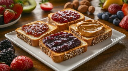 Aufkleber - A beautifully arranged plate of assorted toasts, including sweet options with jam and nut butter, served alongside fresh fruit for a colorful morning treat.