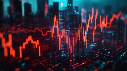 Poster - Financial Stock Market Growth, Represented by Charts and a Glowing Cityscape at Night.
