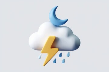 Poster - 3D illustration of a night thunderstorm with rain, lightning, and a crescent moon.