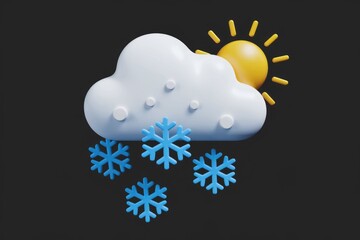 Poster - 3D render of a partly sunny weather icon with snowflakes falling, symbolizing wintry weather.