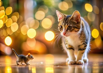 Playful Cat and Mouse: Bokeh Background Stock Photo