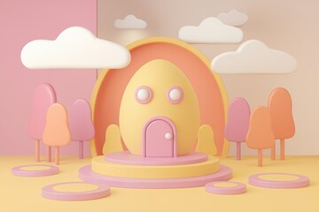 Aufkleber - A pastel-colored 3D rendering of a cute egg-shaped house in a whimsical landscape.