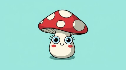 Wall Mural - Adorable cartoon mushroom with a smiling face and red cap, white spots.