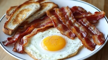 Poster - A breakfast plate with crispy bacon, fried eggs, and fresh toast, arranged on a rustic wooden table with natural light.